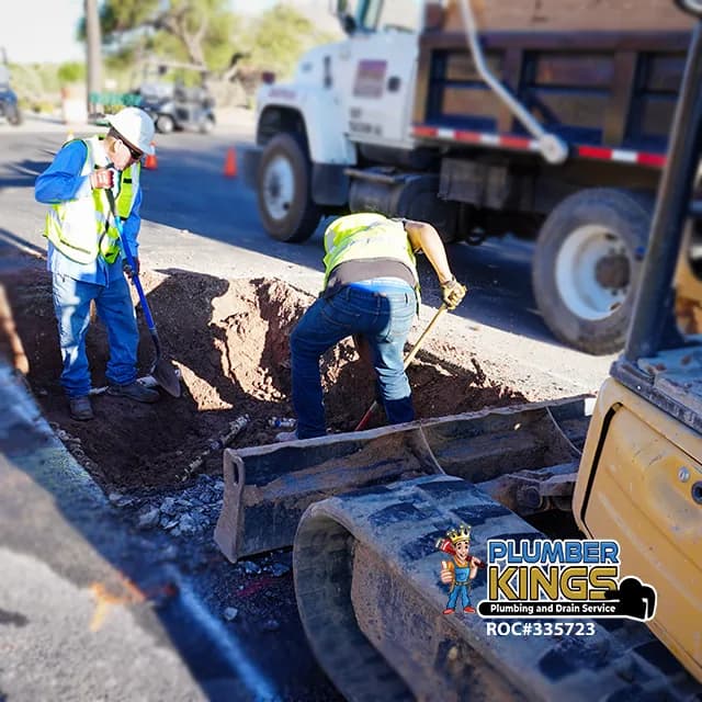 Plumber Kings crew excavating a collapsed drain line in a Tucson street