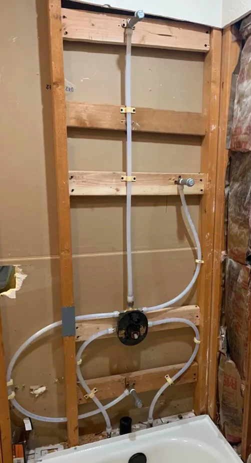 New shower valve and supply lines roughed in during a repipe
